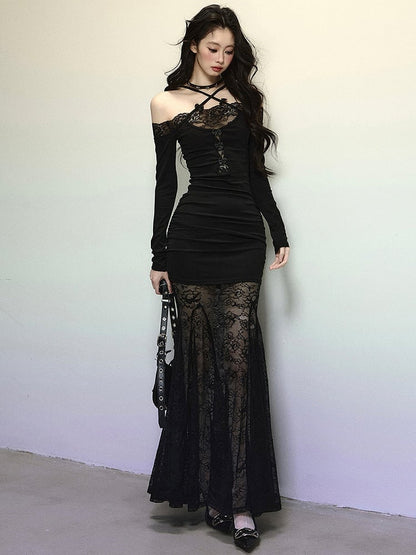 Robe longue sirène en dentelle noire patchwork, bretelles croisées, dos nu, robe de soirée