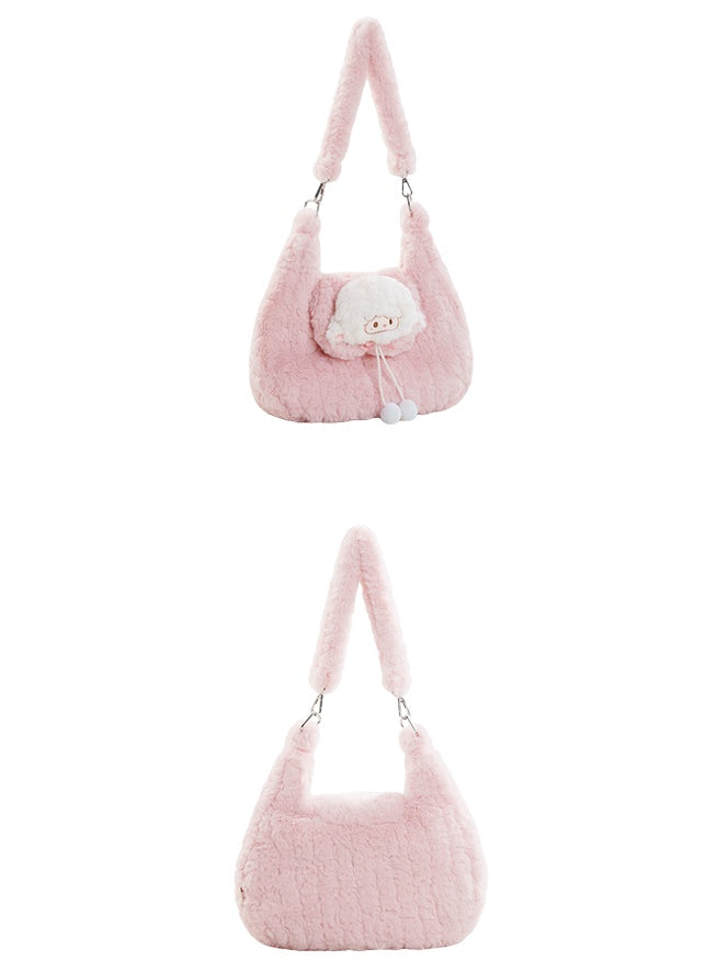 Sac bandoulière en peluche rose avec pompons et petit agneau mignon