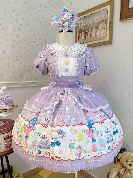 Lamb Clearance-Size L Dress Bear Print Sweet Collar 100CM Lolita and Purple Bust Pan for Peter Short Sleeves
