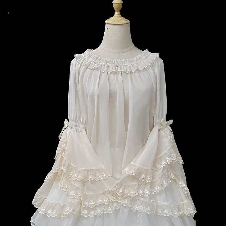 Neckline Apricot Elastic Layered Lace Cuffs Bell Sleeves Blouse