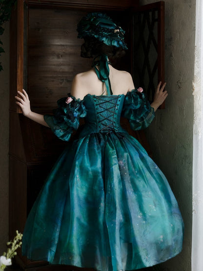 Jupe en tulle imprimé peinture à l'huile Green Forest Fairy Lolita avec pince à cheveux florale