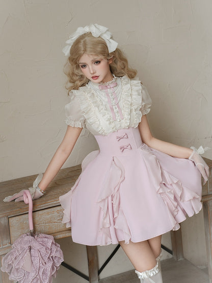 and Fake Blouse Boned Pieces Design Apricot Pink Skirt Lolita Waist Dress Two