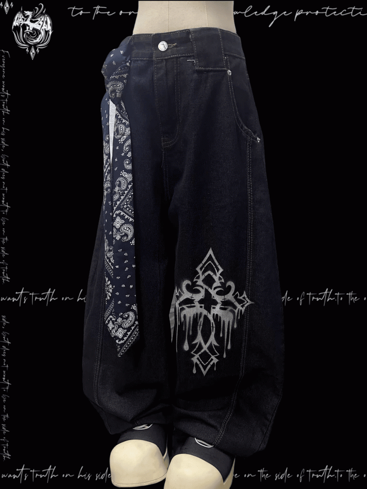 Dunkelblaue Jeans mit weitem Bein und Kreuzmuster