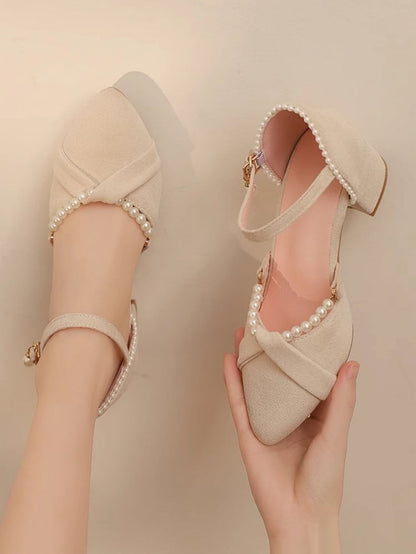 Beige Beads and Back Heel Suede Details Chain Qi Sandals Toe Detachable Lolita with Pointed Mid