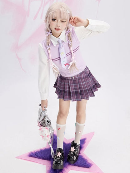 Purple Buckle Strap Preppy Style Plaid Pleated Skirt