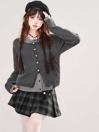 Blue/Dark Grey Fake Two-piece Design Cardigan