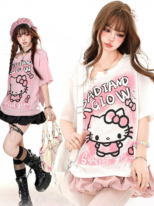 Lockeres T-Shirt mit Kätzchen-Print in Rosa/Weiß