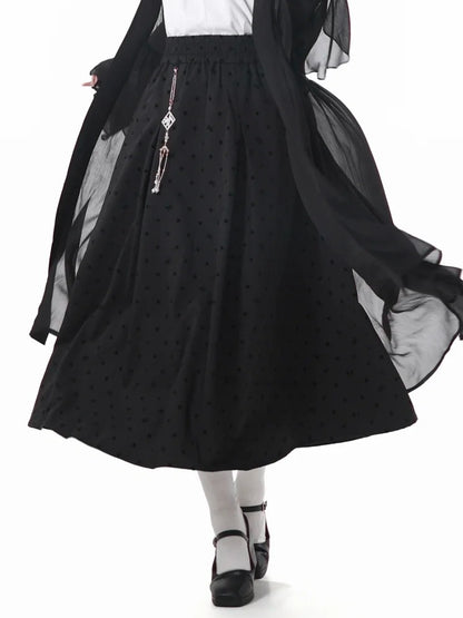 Gepunkteter Rock mit Quastenanhänger, schwarzer elastischer Bund, Cheongsam-Stil