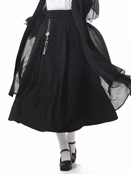 Gepunkteter Rock mit Quastenanhänger, schwarzer elastischer Bund, Cheongsam-Stil