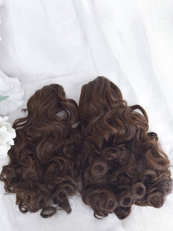 Dark Brown Short Bob Cut Wig With Bangs＋Double Curly Ponytail Claw Clips