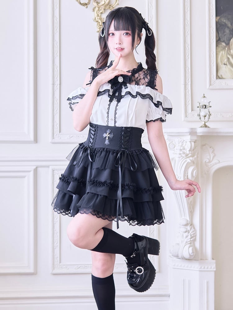 Jirai Kei Weiße Bluse Schwarzer Ausschnitt mit Schulteröffnung Illusion