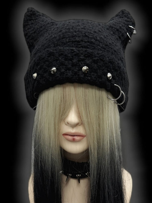 Black Punk Rock Studs at Ears Beanie