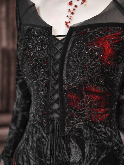 Wings Romantic Velvet and Shaped Lace Neckline Bat Vampire Dress Goth Mermaid