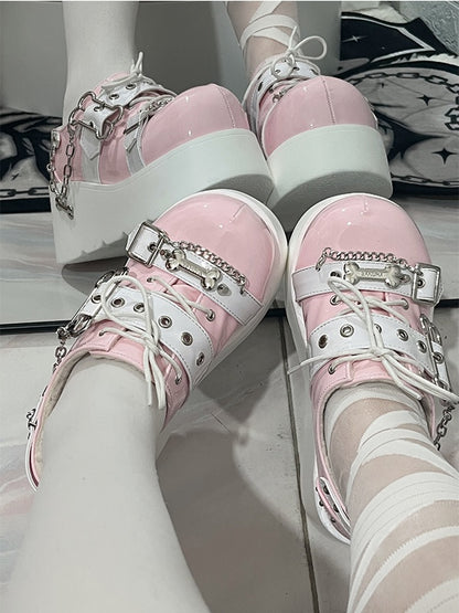 Jirai Kei Pink Y2K Bone Design Buckle Strap  Platform Shoes