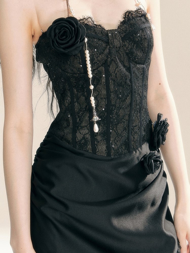 Black Floral Lace Corset Bodice Patchwork Dress Evening Gown