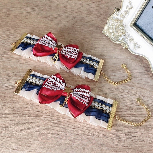Red&Blue Snow White Vibes Bowknot Decorated Ruffles Trim Wrist Cuffs