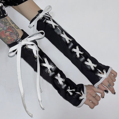Self-tie BlackWhite Crisscross Strap Y2K Design Sleeves