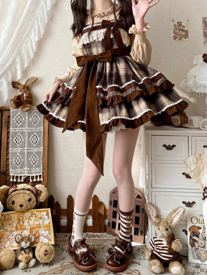 Brown Plaid Pattern Lolita Dress High Waist Autumn and Winter Lolita Jumper Skirt