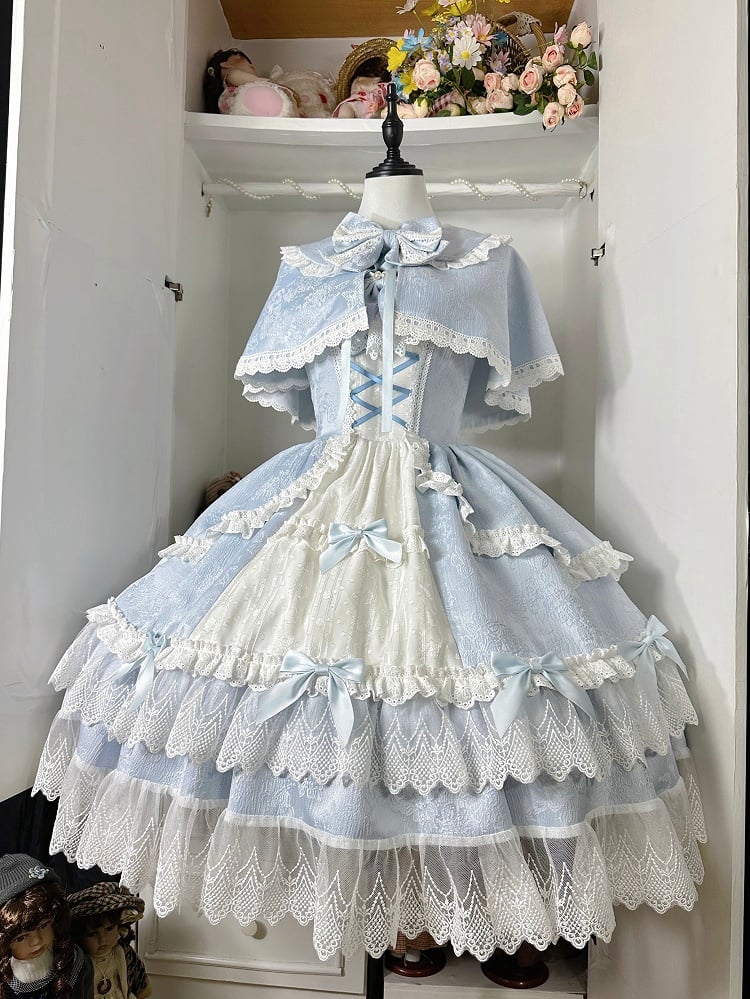 Blue and White Old School Lolita Fashion Dress Bowknot Detais JSK Set