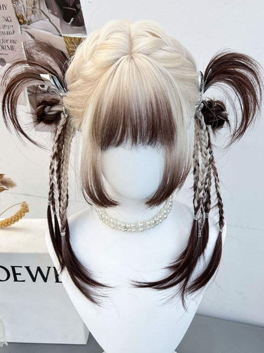 Wig Brown And Full Bangs Ombre Hair White Color Braided Synthetic With