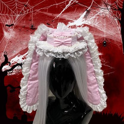 Rabbit with Pink Trim Beaded Lolita Headpiece and Extra-Long Ear Lace
