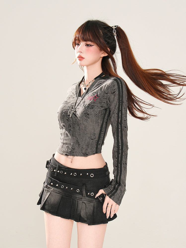 Black/Dark Gray V-Neck Distressed Holes Glamorous Cropped Top