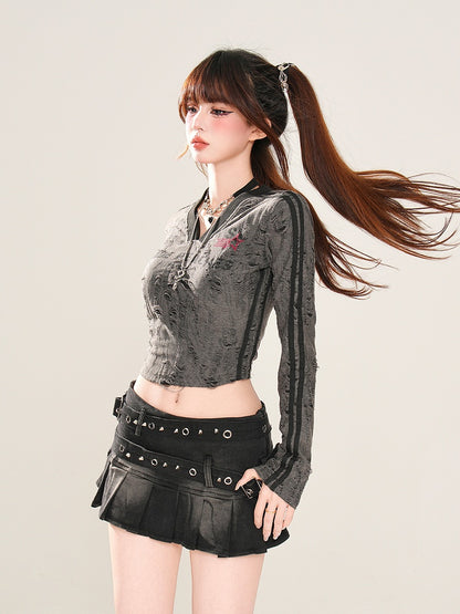 Black/Dark Gray V-Neck Distressed Holes Glamorous Cropped Top