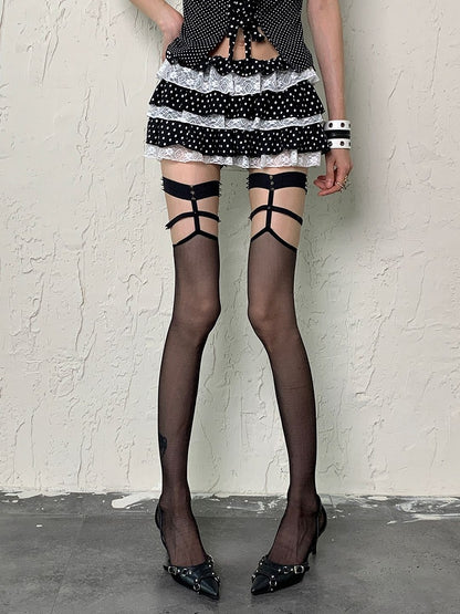 Black/Red Punk Overknee Stockings Studs Semi-sheer Y2K
