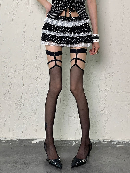 Black/Red Punk Overknee Stockings Studs Semi-sheer Y2K