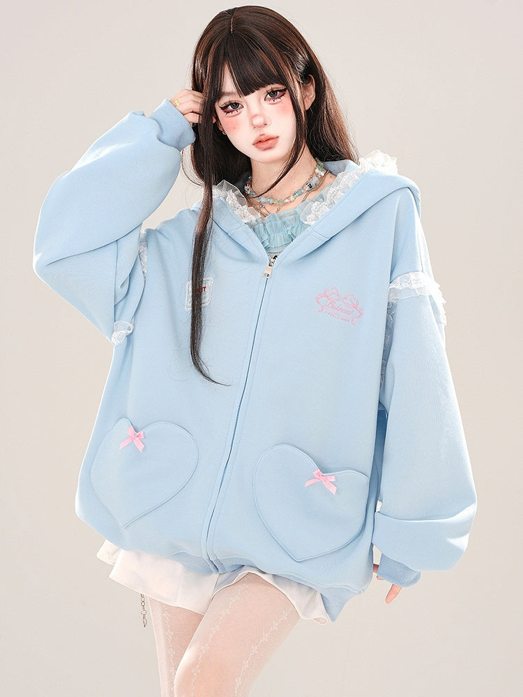 Blue/Apricot Bunny Ears Lace Trim Zip Hoodie