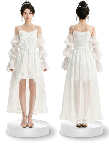 and Train White Satin Lolita Dress with Detachable Shiro Balloon Sleeves