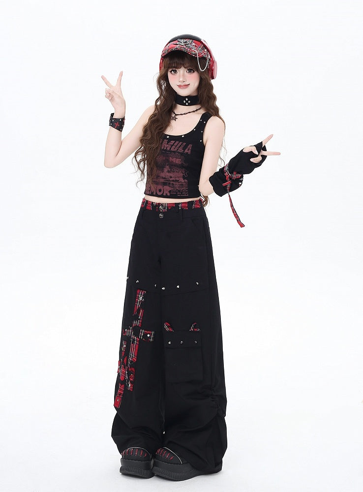 Black and Red Plaid Studs Detail Wide-Leg Pants
