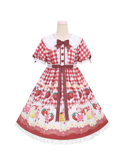 Light Blue/Wine Red Plaid Strawberry and Bear Print Cottagecore Country Dress Sweet Lolita OP