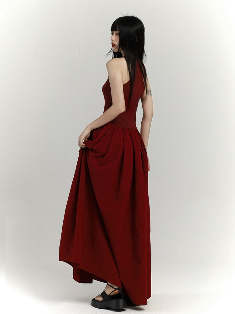 Robe gothique rouge vin taille haute à imprimé croisé sans manches