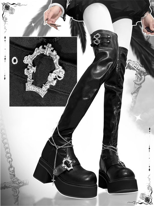 Coffin Chain Platform Cross Gothic Thigh-high PU with Detachable Black Y2K Boots Buckles