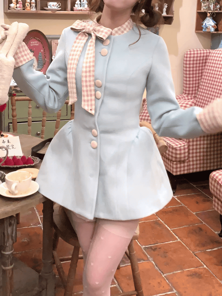 Coat Front Bowknot Pink Dress Plaid Wool with Buttons Creamy Blue