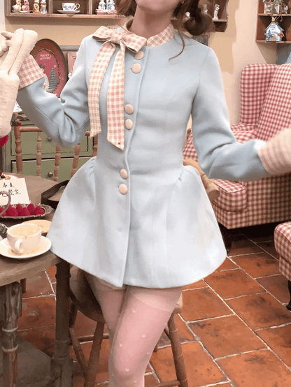 Coat Front Bowknot Pink Dress Plaid Wool with Buttons Creamy Blue
