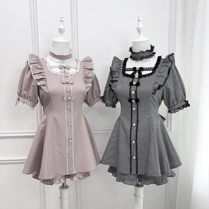 Set - Flutter Sleeves Self-tie Bow Back Mini Dress + Shorts Houndstooth Jirai Kei + Choker