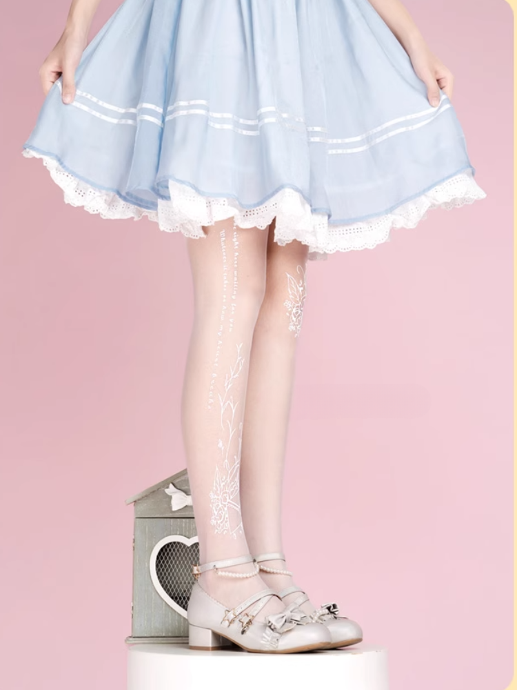 White Semi-sheer Rosette Print Lolita Tights
