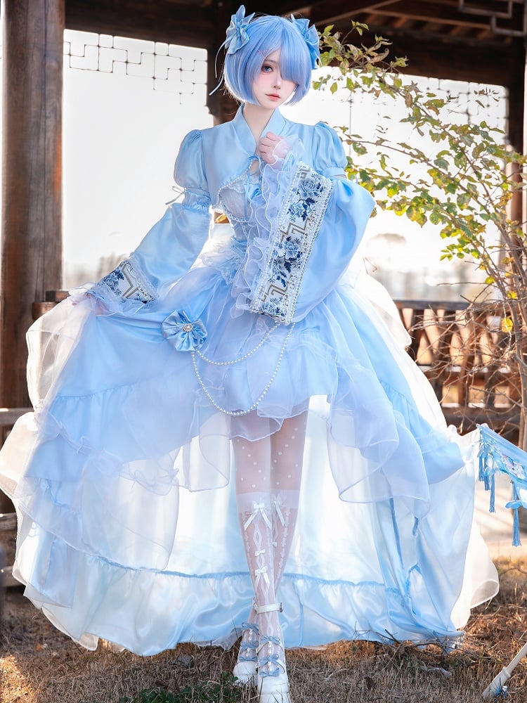 Full Lolita Top Skirt Plus Available Sizes High-low Blue Set Waist Princess Boned +