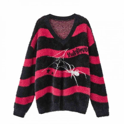 Black and Red Striped V-neck Punk Spider Sweater