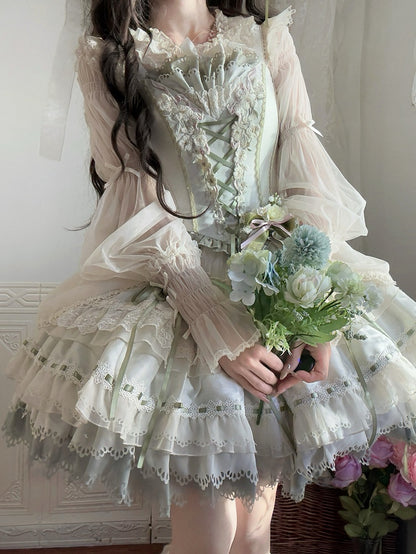 Beige Semi-sheer Leg-of-Mutton Sleeves Blouse