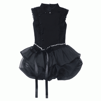 Beaded Skirt Chain with Black Cheongsam Style Banded Collar Mini Dress Bubble Waist