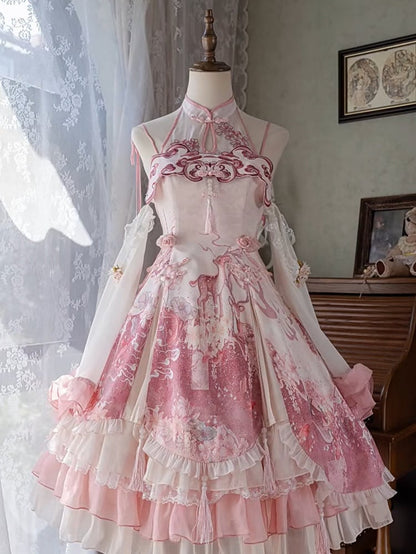 Dress Qi Cheongsam Sakura Skirt Lolita Print Jumper Pink Style