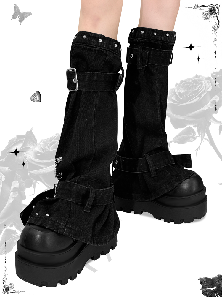 Black Punk 47.5cm Leg Warmers with Zipper and Buckle Straps at Cuffs Studded