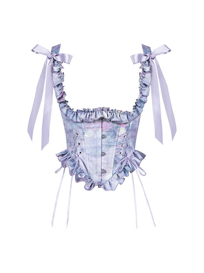 Bust Under Print Purple Corset Boned Oil Water Painting Lily