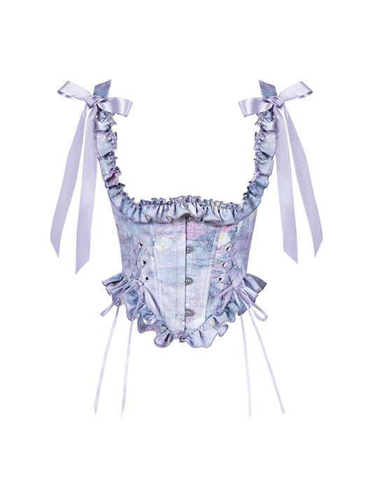 Bust Under Print Purple Corset Boned Oil Water Painting Lily