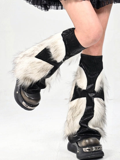 Black Gothic Cross Shaggy PU Leg Warmers