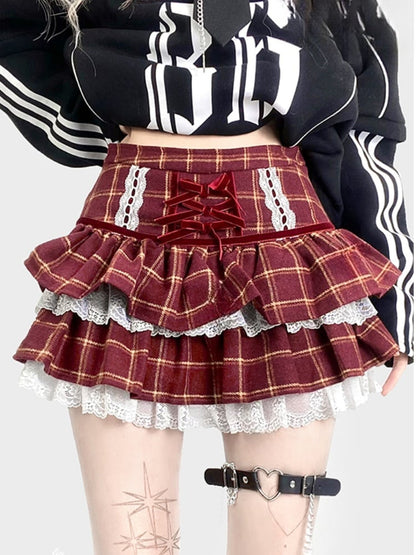 Red Plaid Pattern Lace Trim Patchwork Design Tiered Skirt