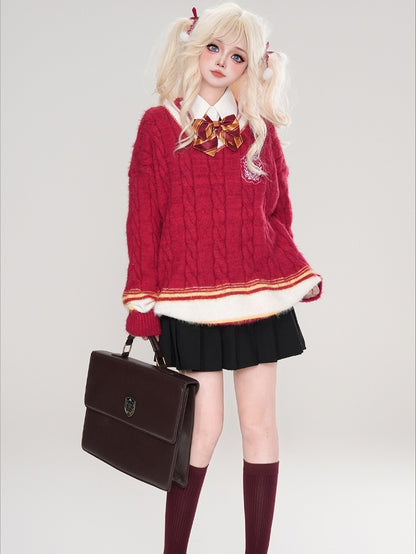 Red/Blue/White V-neck Preppy Style Loose Sweater